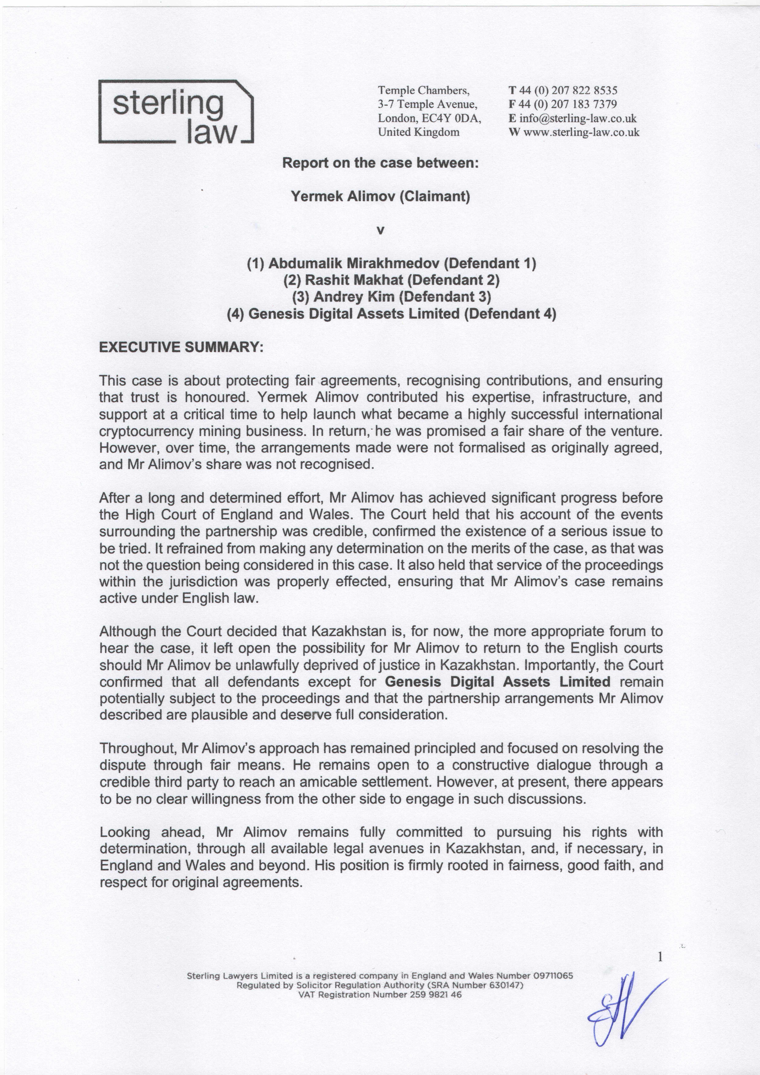 Отчет юридической компании Sterling Lawyers Ltd на вердикт Высокого суда по делу Ермека Алимова